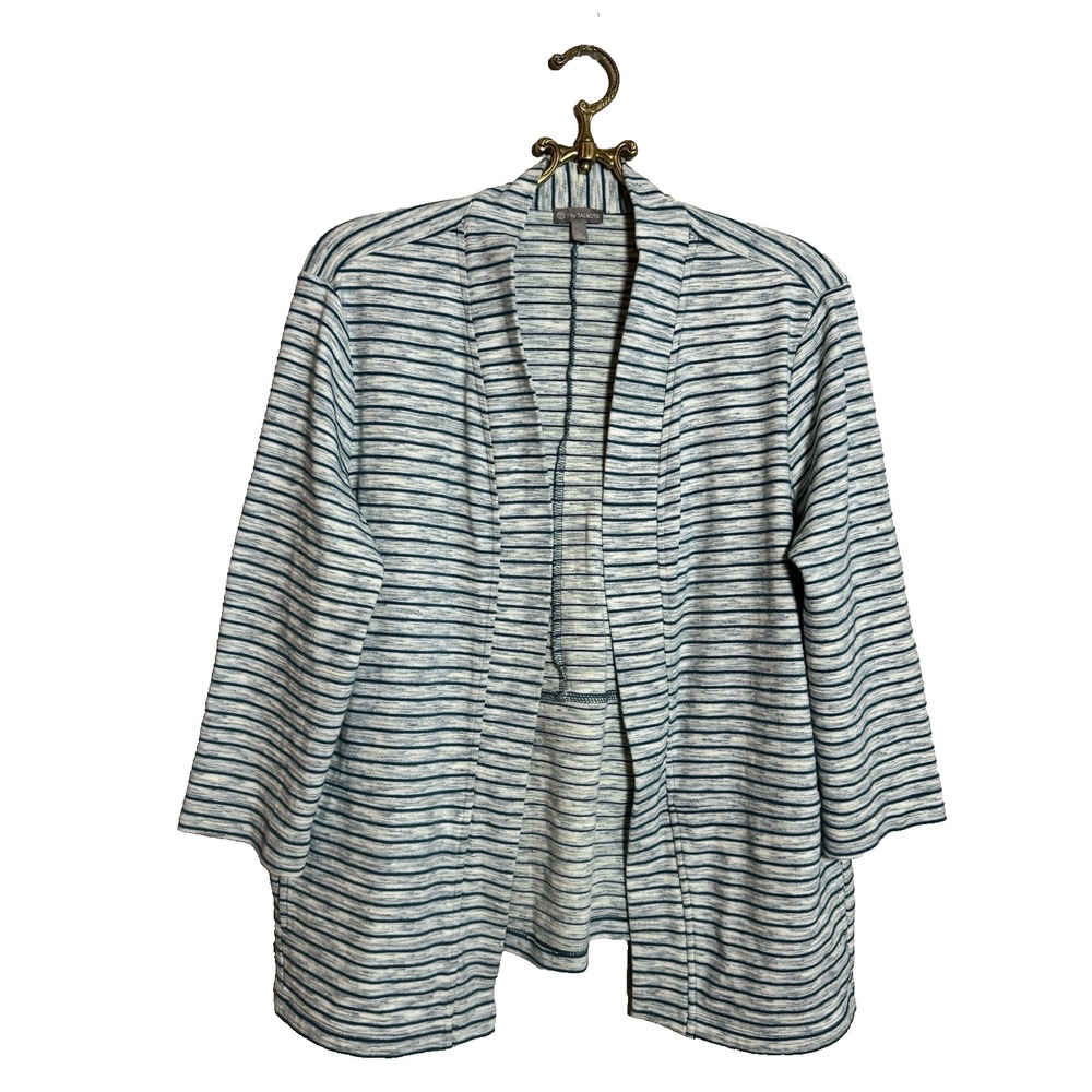 T‎ By Talbots Stripe Cardigan Womens Petite L Blue Open Front Pockets Sweater